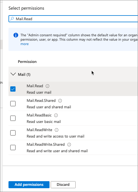 Captura de tela mostrando como adicionar a permissão Mail.Read.