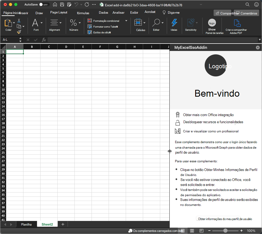 Captura de tela do suplemento no Excel.