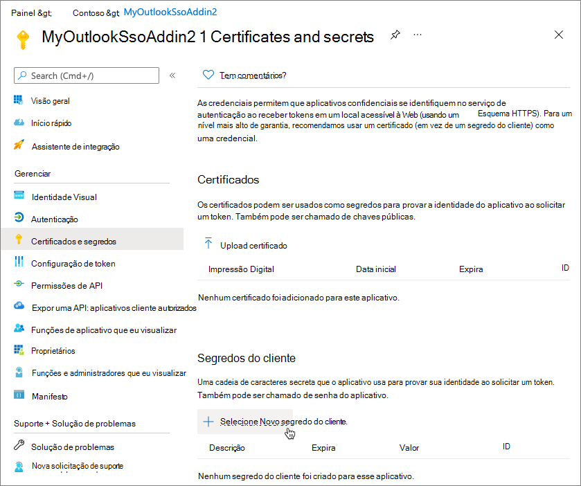 Captura de tela da página Certificados e segredos no centro de administração Microsoft Entra.