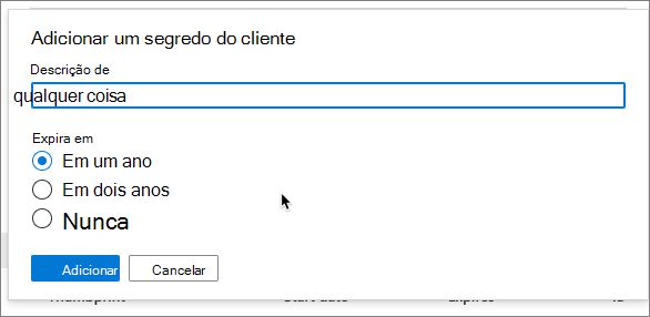 Captura de tela mostrando como adicionar um segredo do cliente.