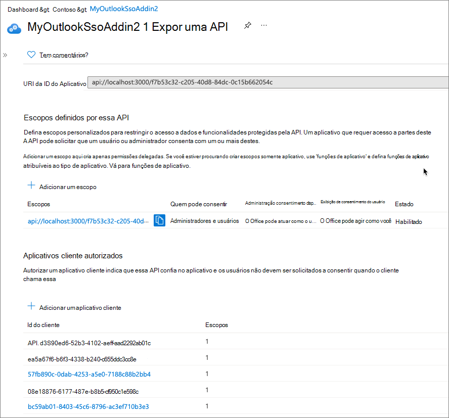 Captura de tela mostrando a ID e os clientes autorizados que podem acessar a API do suplemento.