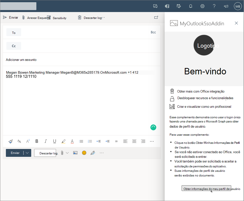 Captura de tela do painel de tarefas do suplemento em um novo email do Outlook.