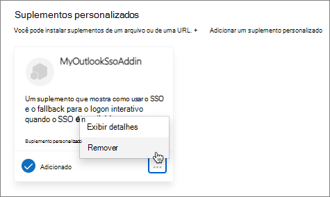Captura de tela mostrando como remover um suplemento existente.
