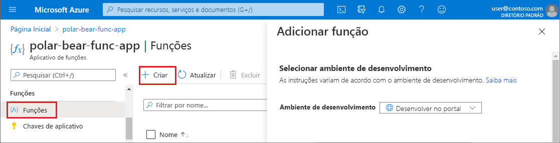Screenshot that highlights the elements to select to add a function in the Azure portal.