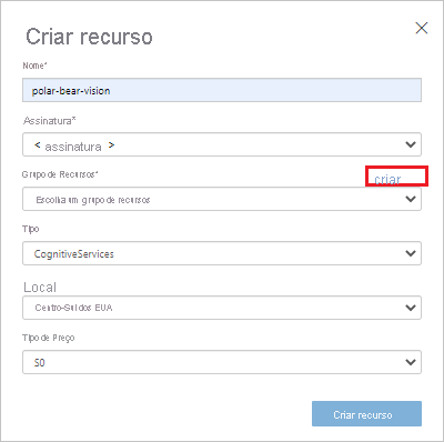 Screenshot that shows values to select or enter to create a new resource, with the create new link selected.