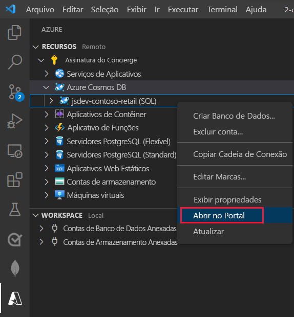 Screenshot of the Azure Databases extension in Visual Studio Code as user right-clicks on the account node to open account in Azure portal.