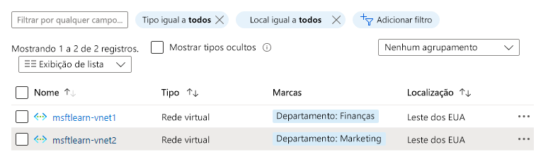 Screenshot of Azure portal showing virtual network resources with department tags.