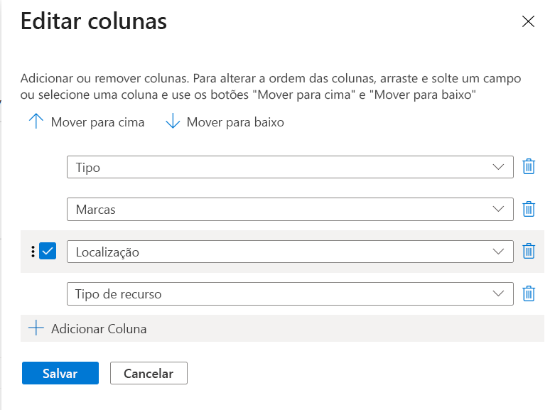 Screenshot of Azure portal showing edit columns dialog with available columns on the left and selected columns on the right.