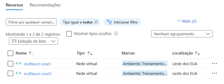 Screenshot of Azure portal resource list filtered on the training environment tag.
