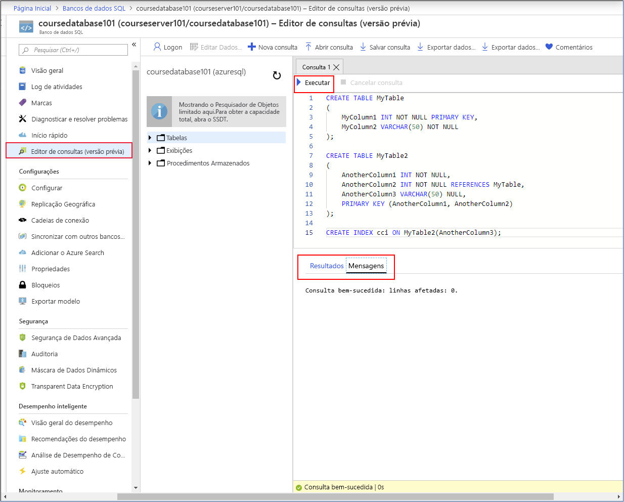 The query editor in the Azure portal with the various panes highlighted.
