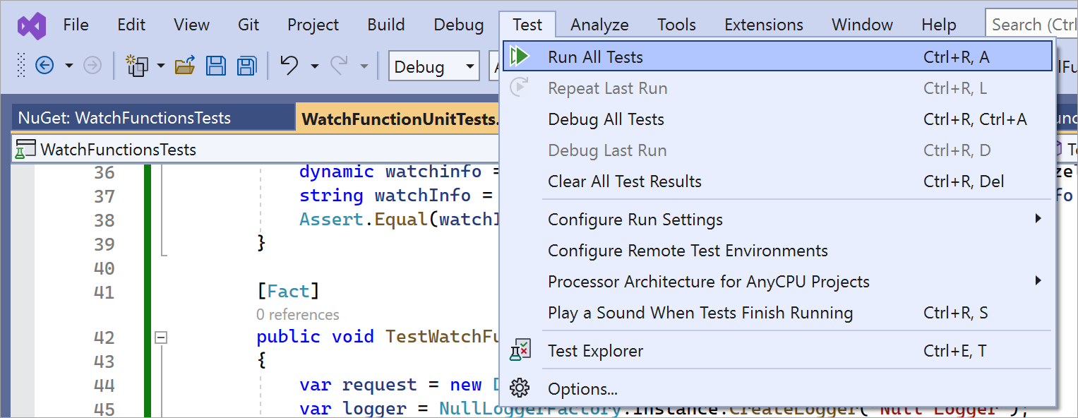 Captura de tela do menu Teste no Visual Studio. O usuário selecionou Executar – >Todos os testes.