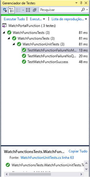 Captura de tela da janela do Team Explorer. Todos os três testes foram executados com êxito.