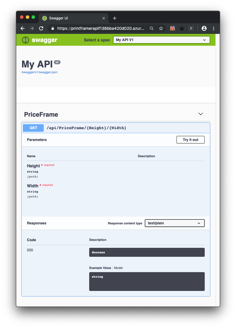 Default Swagger UI for our API.