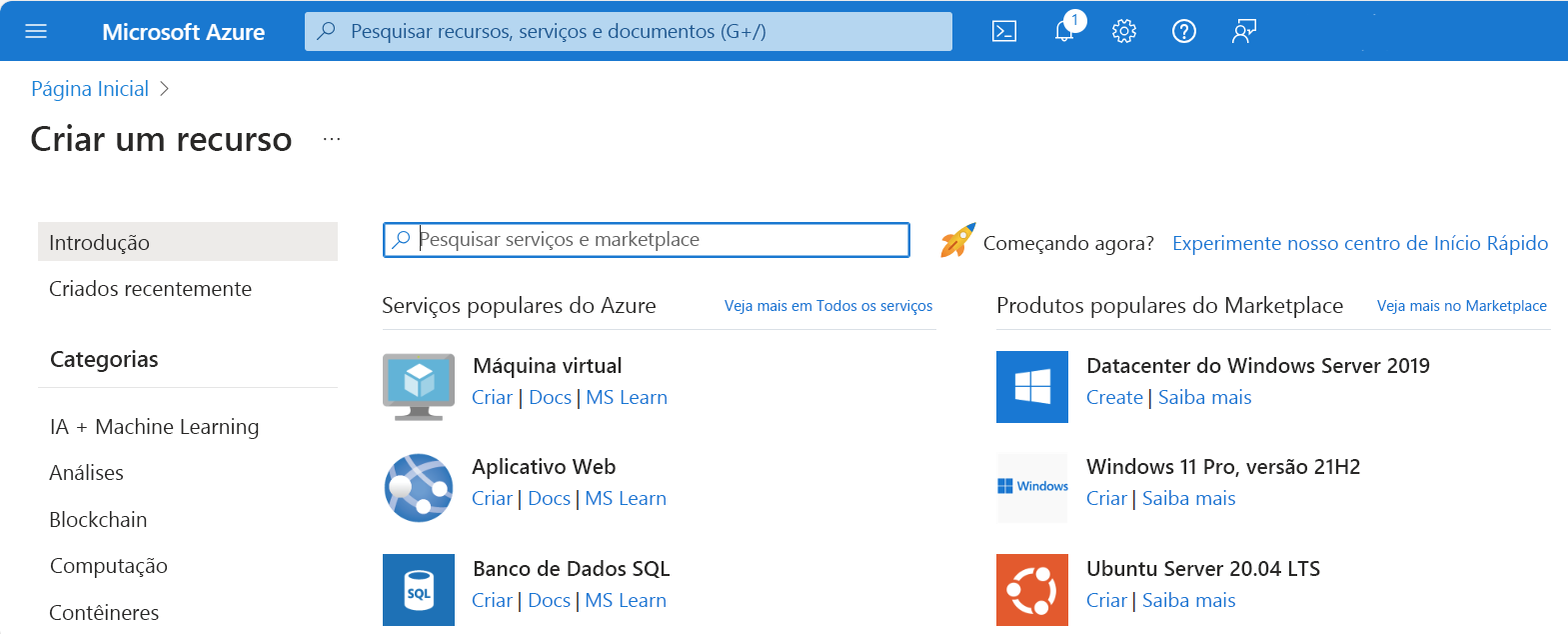 Captura de tela que mostra a página Introdução do Azure Marketplace.