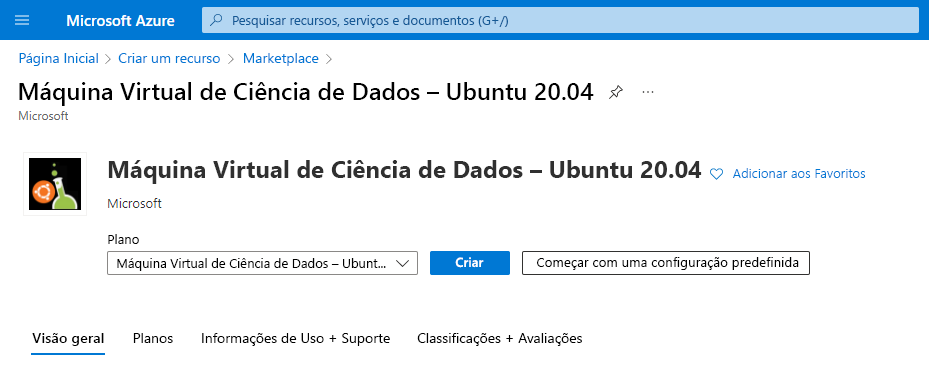 Captura de tela que mostra a página Criar recurso de uma Máquina Virtual de Ciência de Dados – Ubuntu 20.04.