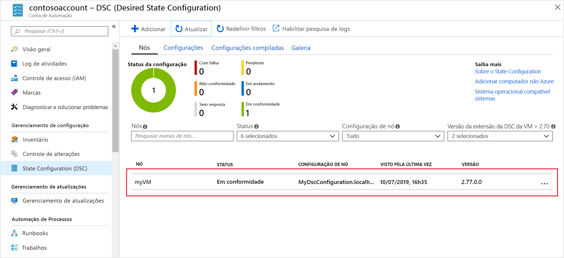 Screenshot of the Azure portal, showing the Nodes pane with myVM registered.