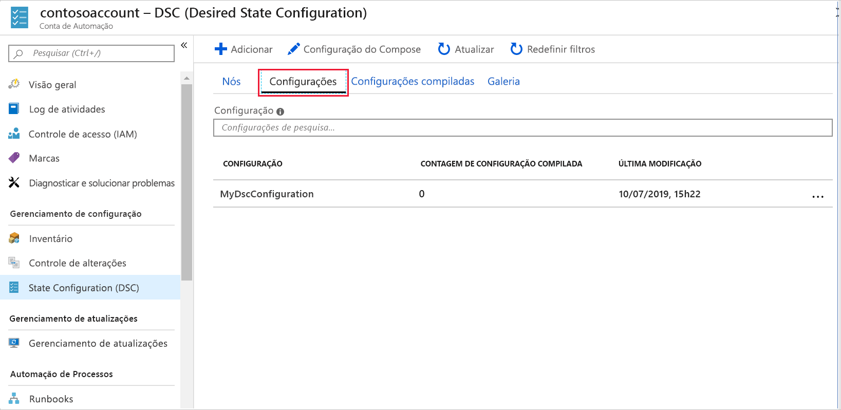 Screenshot of the Azure portal, showing the state configurations available on the State configuration (DSC) pane.