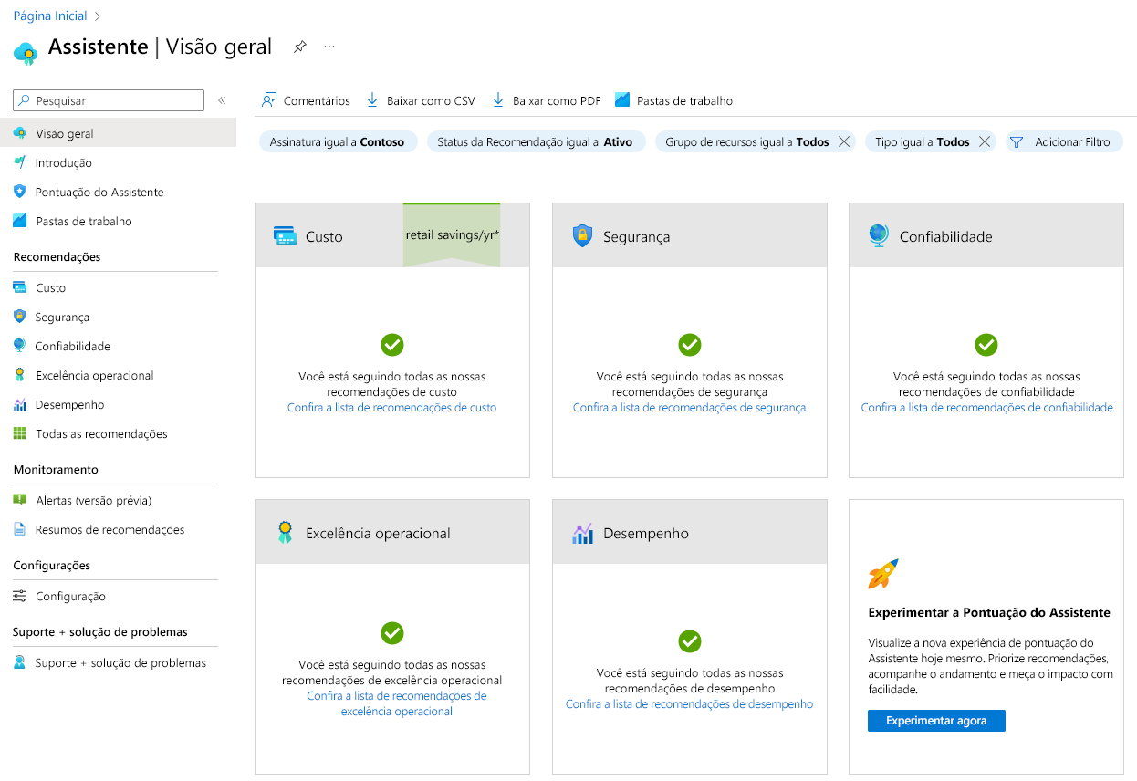 Captura de tela da página Visão geral do Assistente do Azure no portal do Microsoft Azure.
