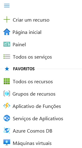 Captura de tela do menu do portal e dos Favoritos no portal do Microsoft Azure.