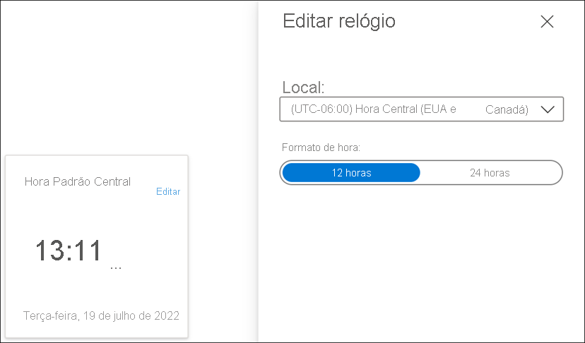 Screenshot showing the Edit clock settings for the Clock tile in the Azure portal.