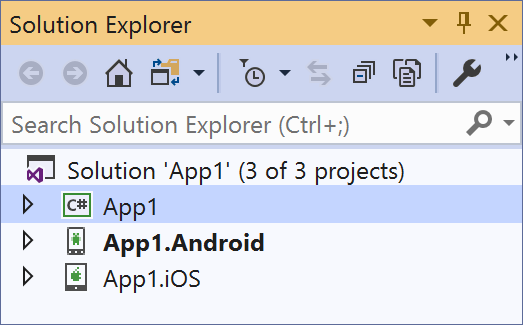 Screenshot of Solution Explorer showing a new blank Xamarin.Forms app collapsed to project names: App1, App1.Android, and App1.iOS.