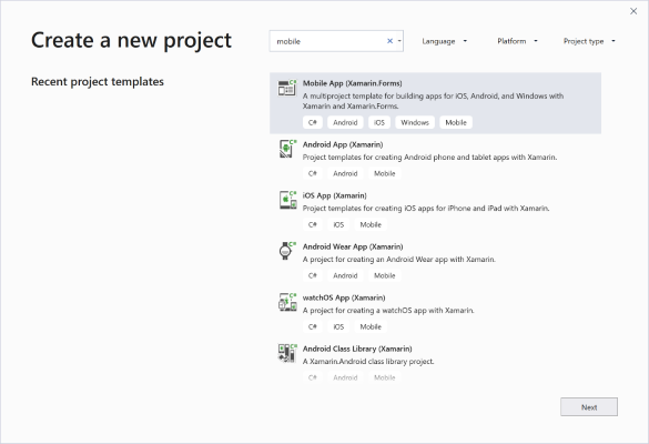 Screenshot of Visual Studio Create a new project window, searching for 