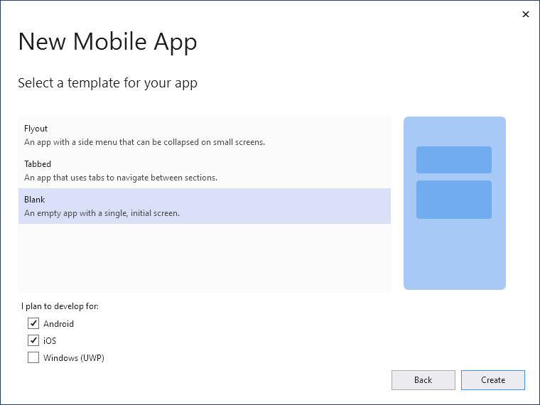 Screenshot of Visual Studio New Cross Platform App window with the Blank template selected.