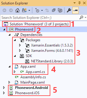 Screenshot of Visual Studio Solution Explorer, with several items labeled as described next.