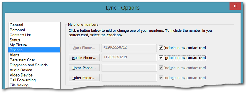 Captura de tela das opções de configuração do Lync Phones