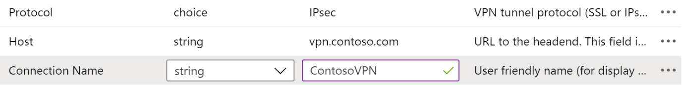 Exemplos de protocolo, nome de conexão e nome do host em uma política de configuração de aplicativo VPN em Microsoft Intune usando o Designer de Configuração