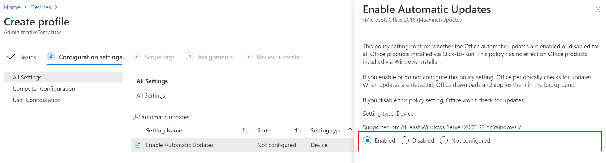 Captura de tela que mostra a habilitação de atualizações automáticas do Office usando um modelo administrativo no Microsoft Intune.