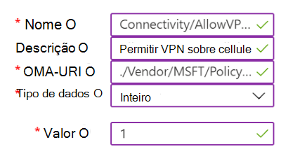 Captura de tela que mostra um exemplo de uma política personalizada que contém configurações de VPN no Intune.