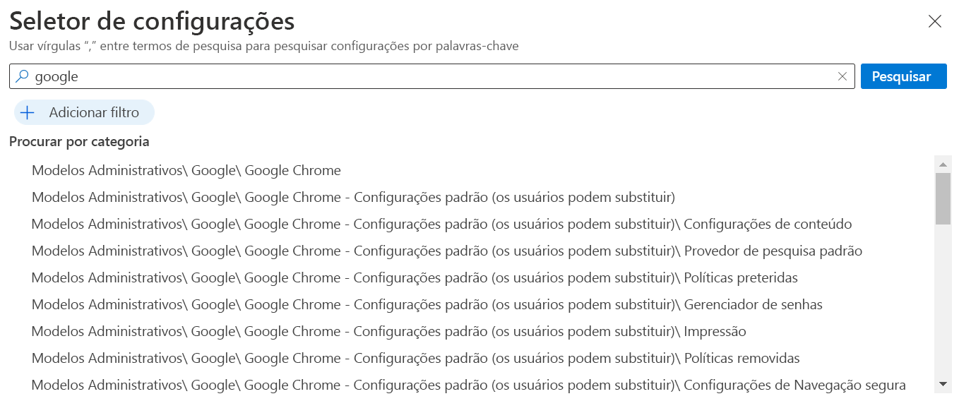 Captura de tela que mostra as configurações do Google Chrome no catálogo de configurações que são internas para Microsoft Intune e centro de administração do Intune. Use essas configurações para criar e configurar uma política do Google Chrome em dispositivos Windows.