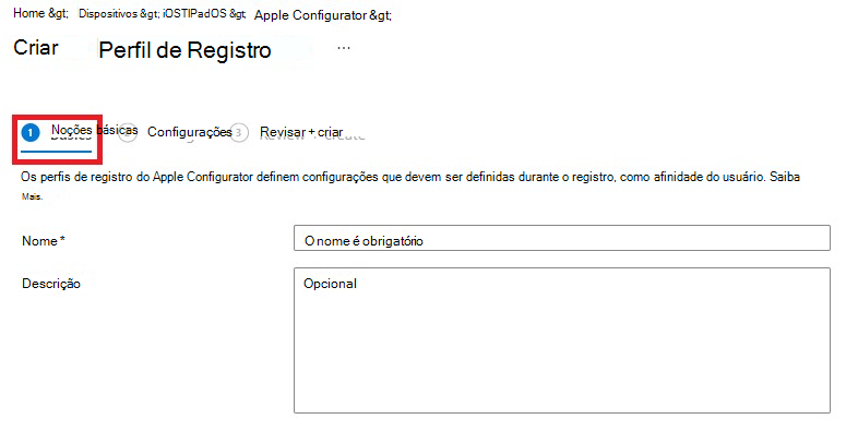 Captura de tela do painel criar perfil de registro com a guia Básico selecionada.