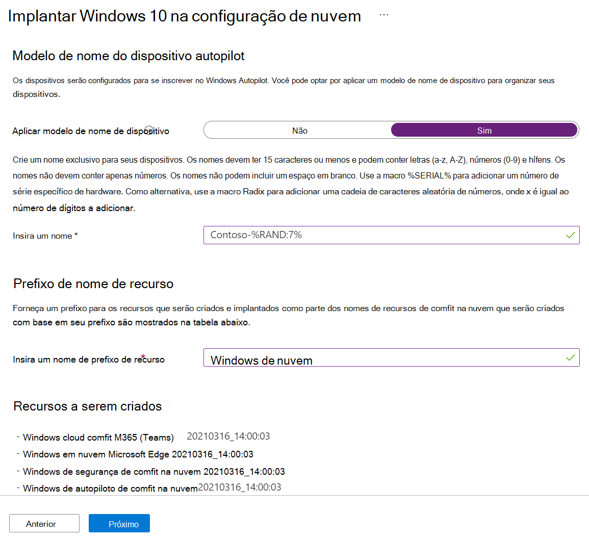 Captura de tela que mostra como configurar o modelo de nome do dispositivo e o prefixo de nome do recurso em um cenário guiado de configuração de nuvem Windows 10/11 em Microsoft Intune.