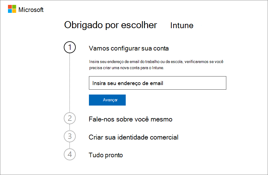 Captura de tela da página Configurar conta do Microsoft Intune – Insira o endereço de email