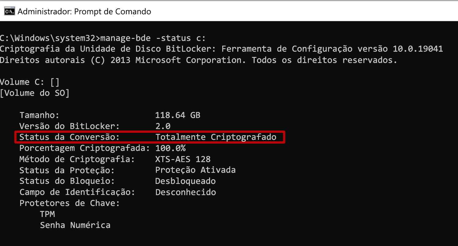 Captura de tela do prompt de comando administrativo mostrando a saída de manage-bde com o status de conversão refletindo a criptografia somente de espaço usado.
