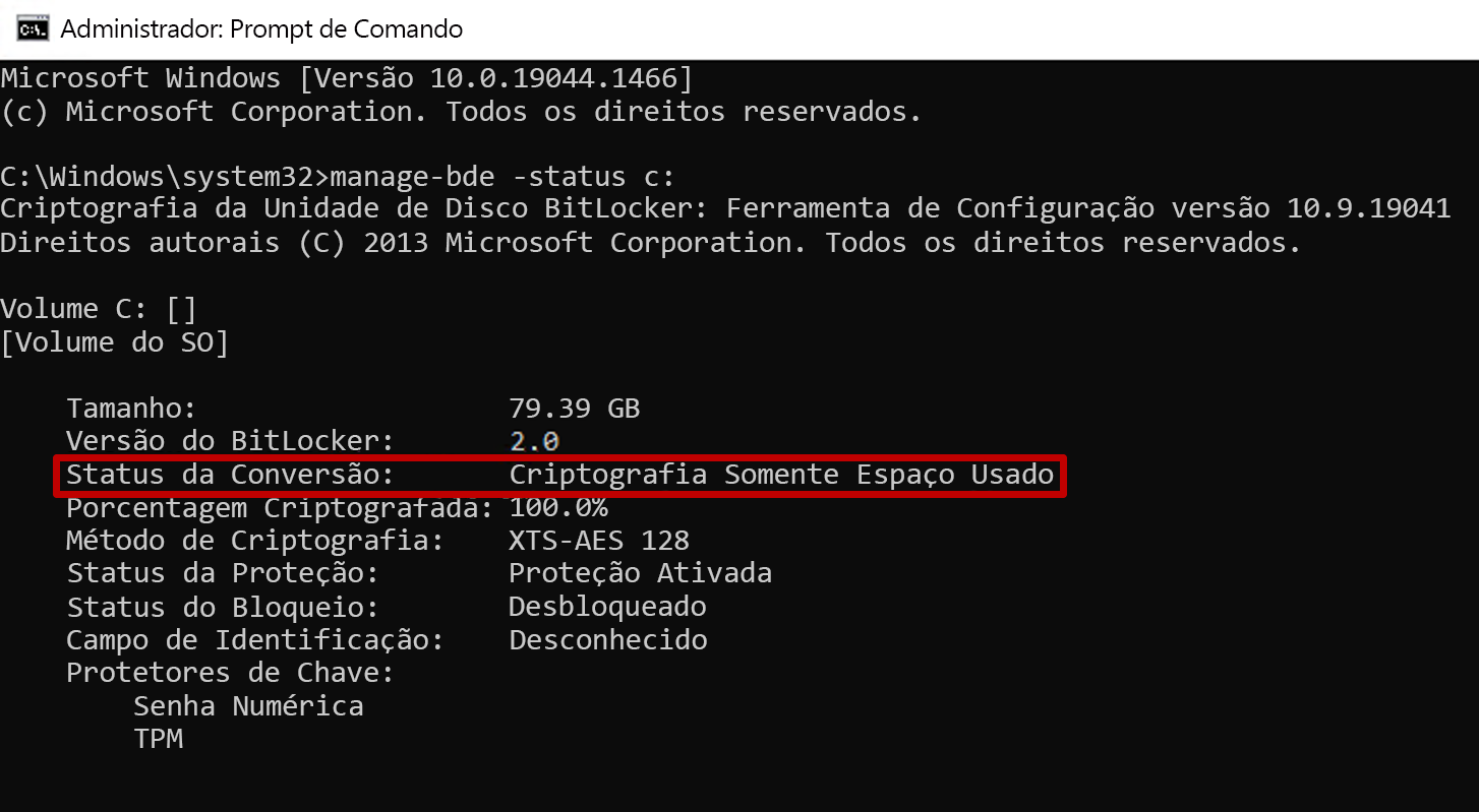 Captura de tela do prompt de comando administrativo mostrando a saída de manage-bde com o status de conversão refletindo totalmente criptografado.