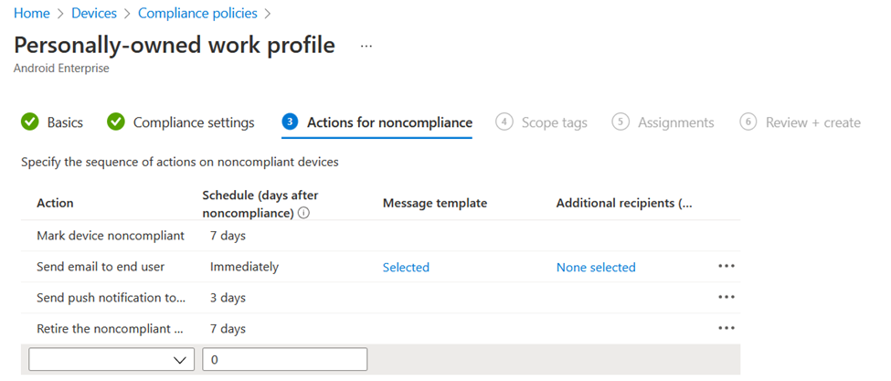 Captura de tela que mostra uma política de conformidade com ações de não conformidade no centro de administração Microsoft Intune.