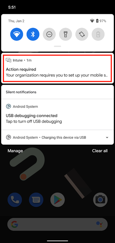 Captura de tela da notificação por push do aplicativo do Intune na tela inicial do dispositivo.