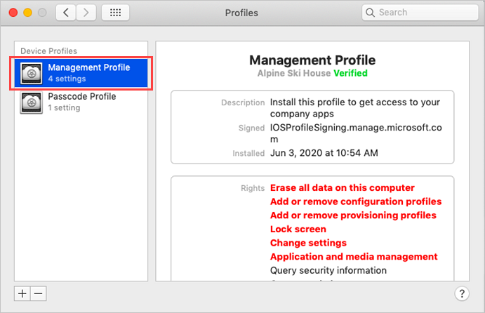 Exemplo de captura de tela de Preferências do Sistema, tela perfil de gerenciamento, realçando o botão "Aprovar".