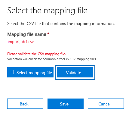 Clique em Validar para verificar se há erros no arquivo CSV.