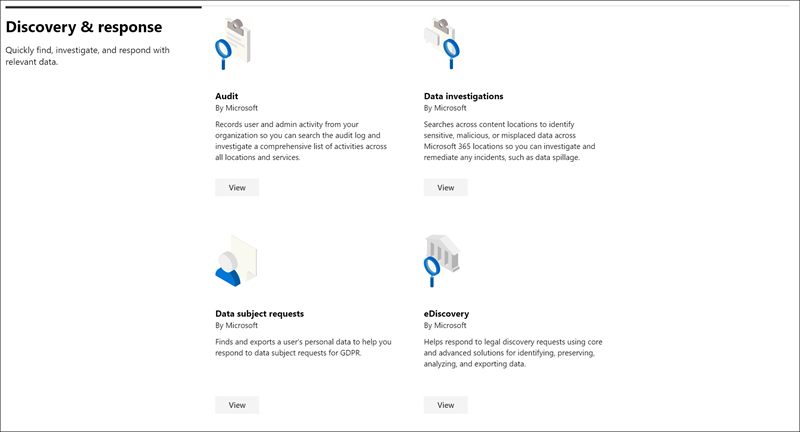 Seção descoberta e resposta do catálogo de soluções do Microsoft Purview.