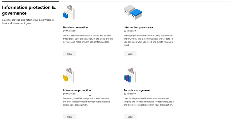 Seção proteção e governança do catálogo de soluções do Microsoft Purview.