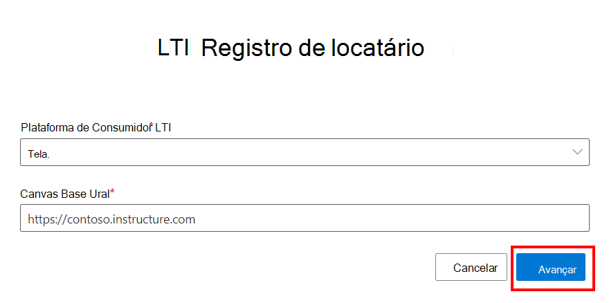 A página administração do locatário LTI, com um campo suspenso para escolher a plataforma de consumidor LTI e um campo de texto de URL.