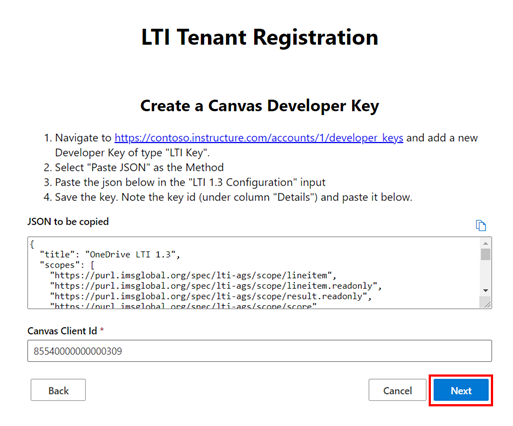 A página de registro de locatário LTI, que mostra o texto JSON e a caixa de texto em que a chave deve ser copiada.