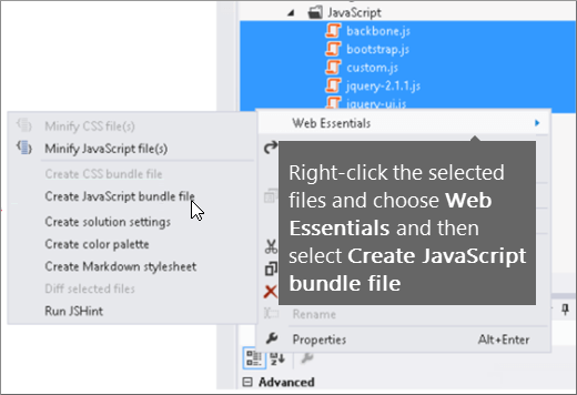 Captura de tela mostrando opções de menu do Web Essentials.