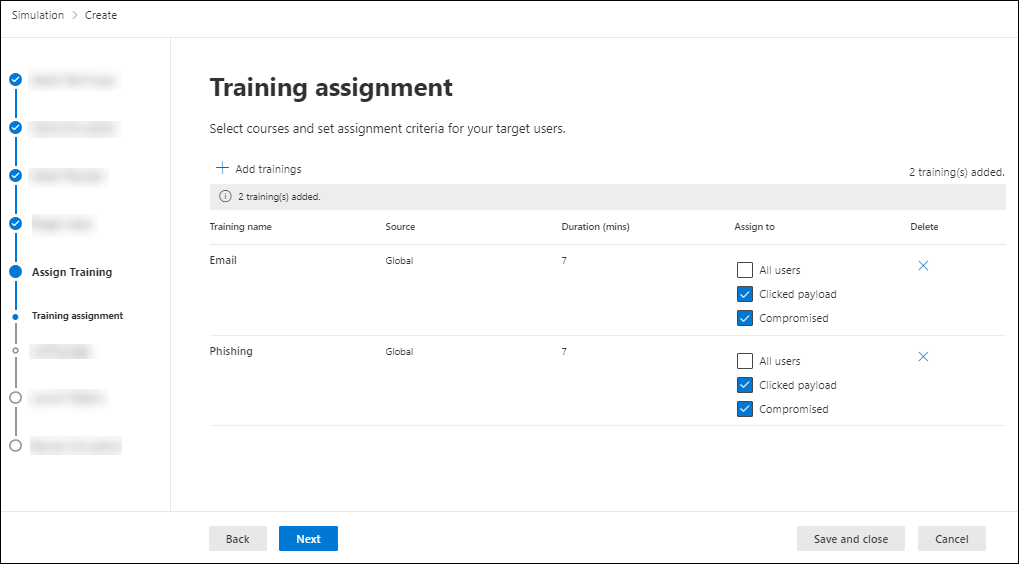 A página Atribuição de treinamento no treinamento de simulação de ataque no portal Microsoft 365 Defender aplicativo