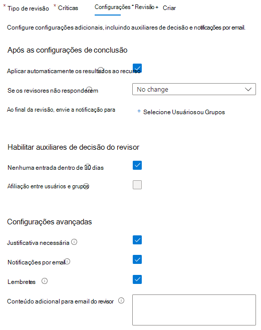 Captura de tela da guia de configurações de revisão de acesso Microsoft Entra.