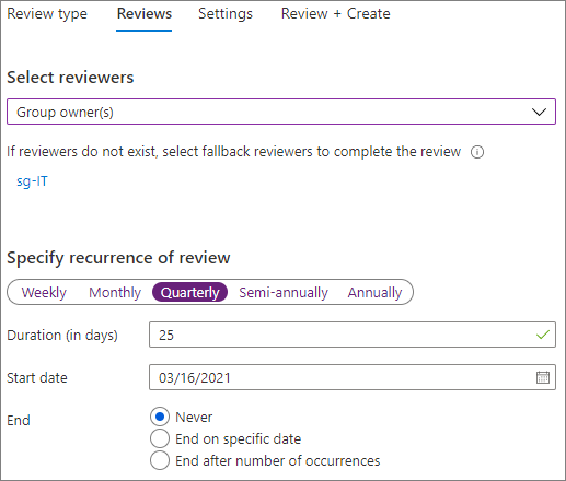 Captura de tela da guia revisão de acesso Microsoft Entra.